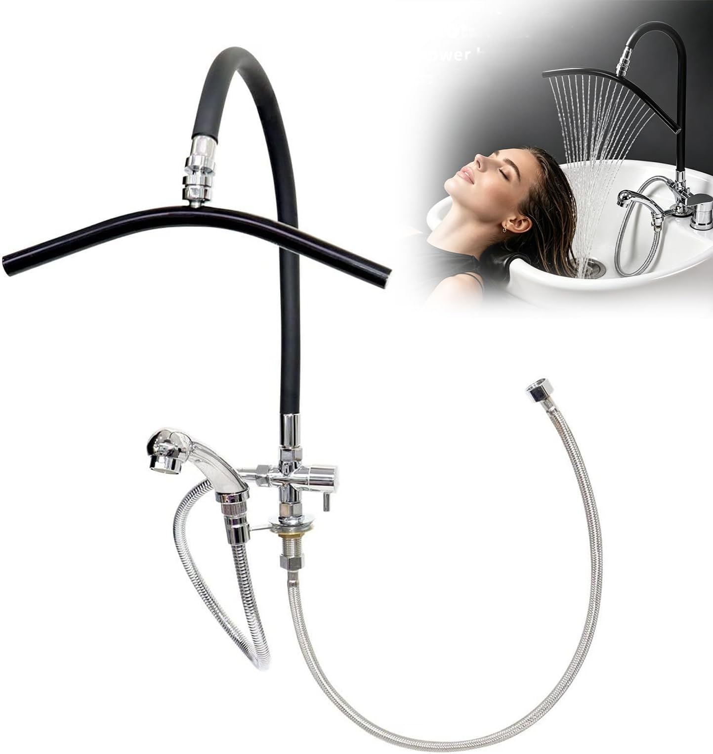 Head Spa Waterfall Shower Head for Shampoo Sink Water Spa&Salon Care Adjustable Bendable and Deformable, Black