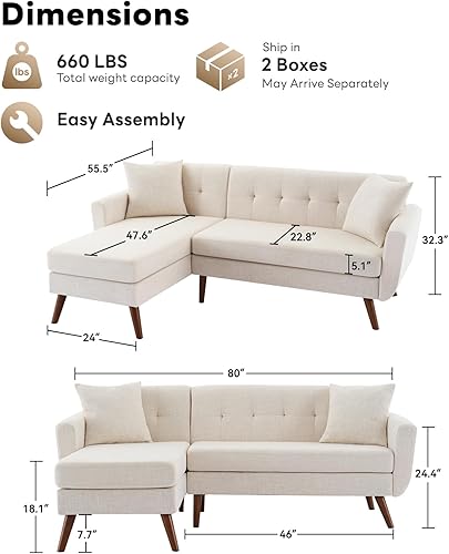 Miniatura 2 de Tbfit Sofá en forma de L, sofás modulares modernos de mediados de siglo de 80 pulgadas de ancho, sofás de 3 plazas con diván ancho, sofá seccional