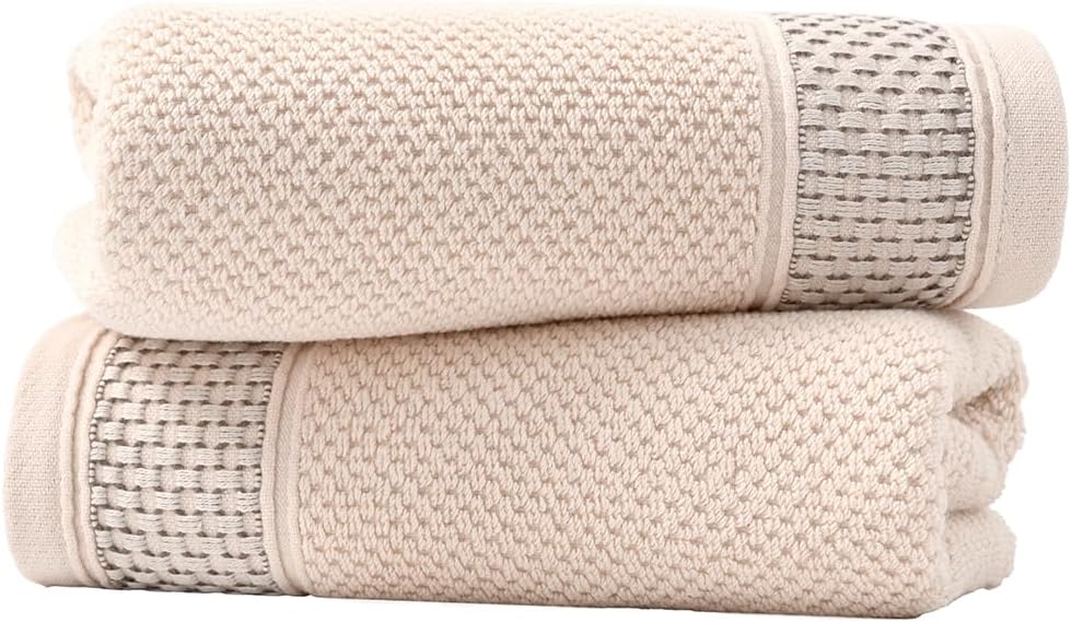 sense gnosis Textured Terry Clusters Hand Towel Set of 2 Striped Weave 100% Cotton Super Soft Highly Absorbent Quick Dry Decorative Hand Towels for Bathroom 13x 29 Inch, Beige