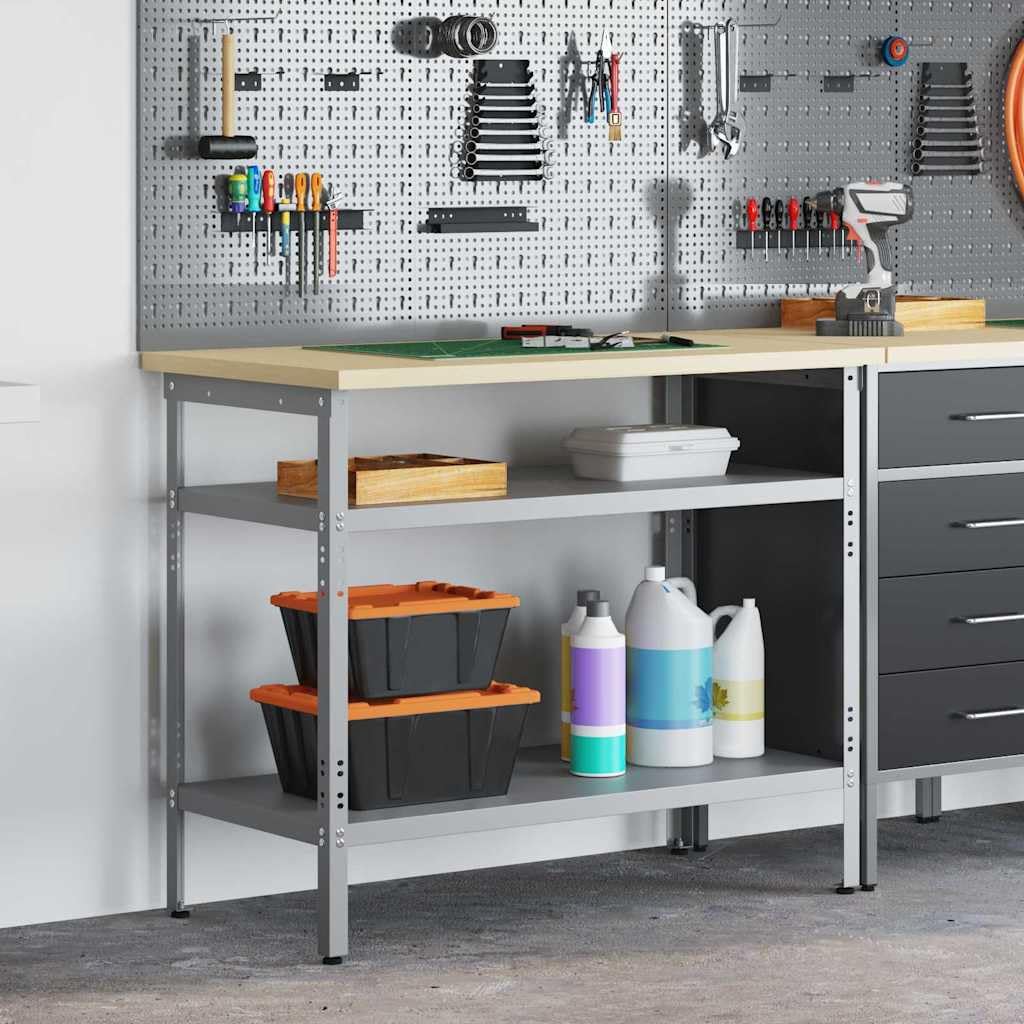 Mesa de trabajo gris 100 x 55 x 85 cm de acero con recubrimiento en polvo, banco de trabajo con 2 estantes metálicos, patas ajustables en altura, para taller, garaje, sótano y sala de ocio