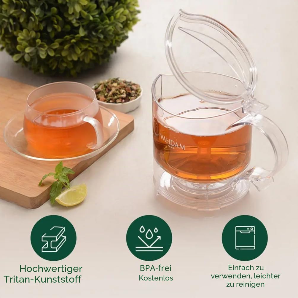 VAHDAM, Teekanne für losen Tee mit integriertem Tassennetzsieb | 474 ml | BPA-frei | Tropffreies Design | Ideal für heißen & kalten Tee