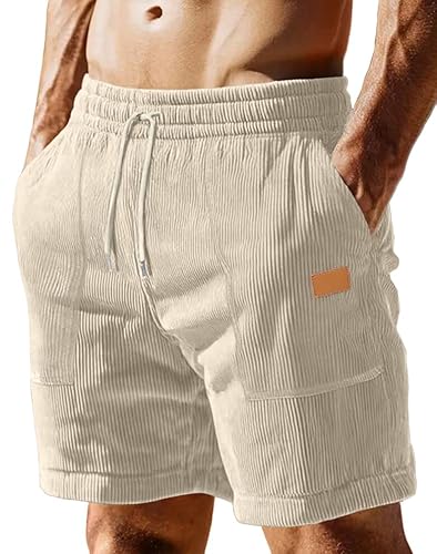 Sailwind Workout Shorts Men Casual Corduroy Drawstring 7 inch Inseam Summer Beach Shorts for Men Light Khaki