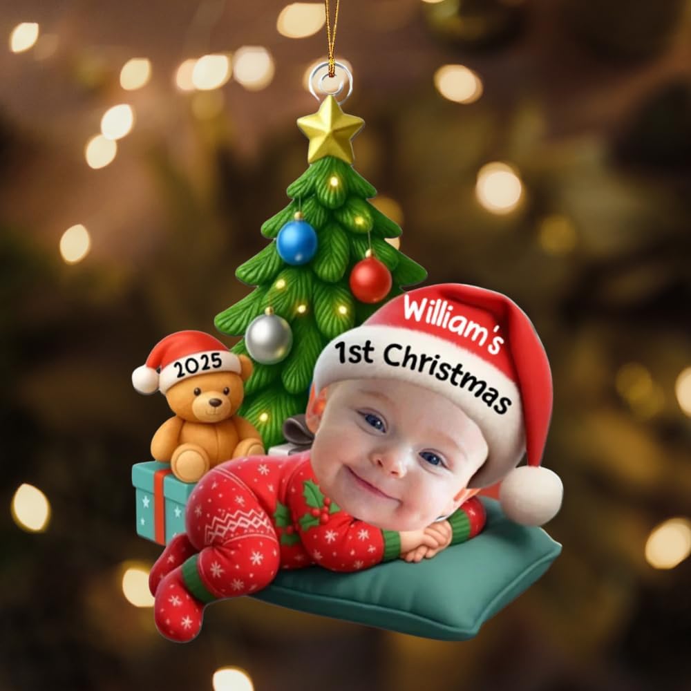 Sleeping Baby in Christmas Pajama - Custom Photo Acrylic Ornament, Baby's First Christmas Ornament 2025, Personalized Babies Gifts My 1st Xmas Ornaments, First Grandchild Ornament - Image 1 of 7
