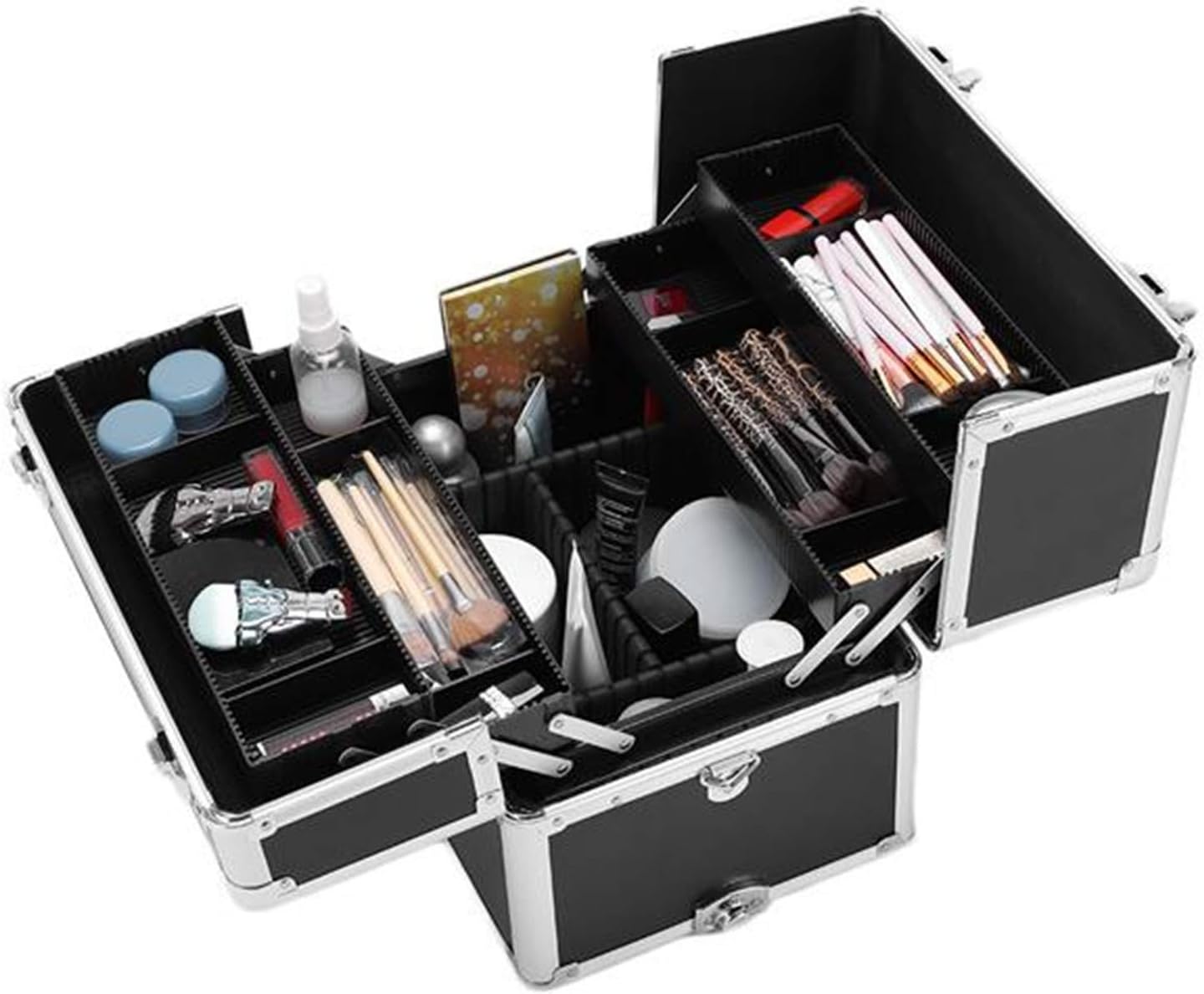 3 in 1 Professional Aluminum Rolling Cosmetic Makeup Case,Trolley Artist Train Case Cosmetic Organizer with 4 Detachable Universal Wheels Tattoo Box Black