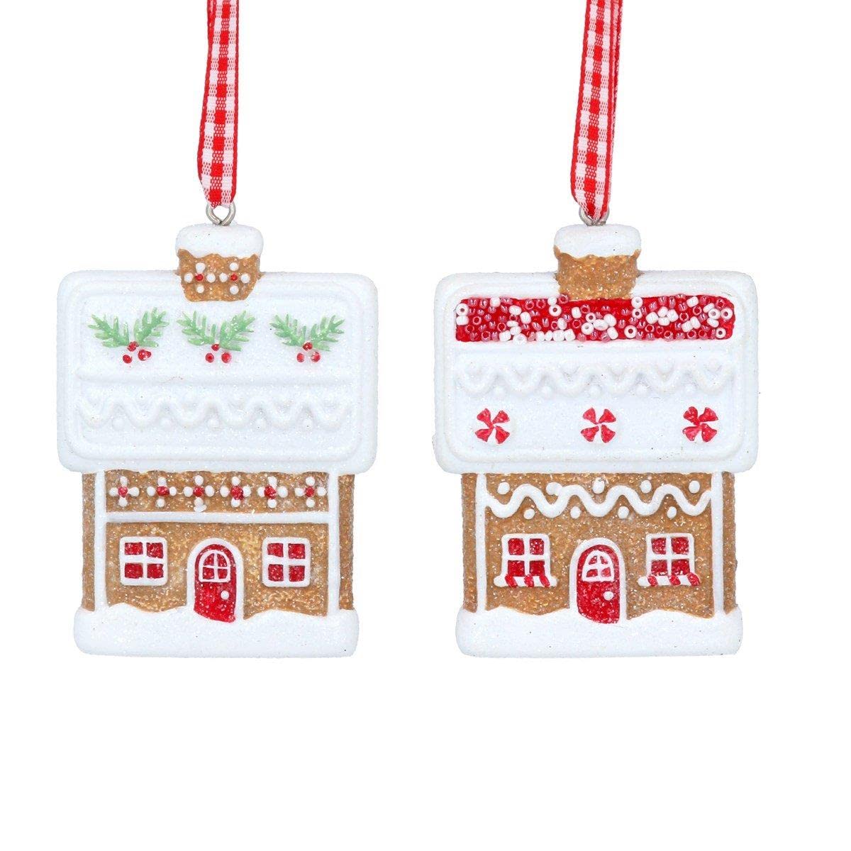 Gisela Graham Red, White Gingerbread House X2 - Christmas Tree Ornament - Resin - Christmas