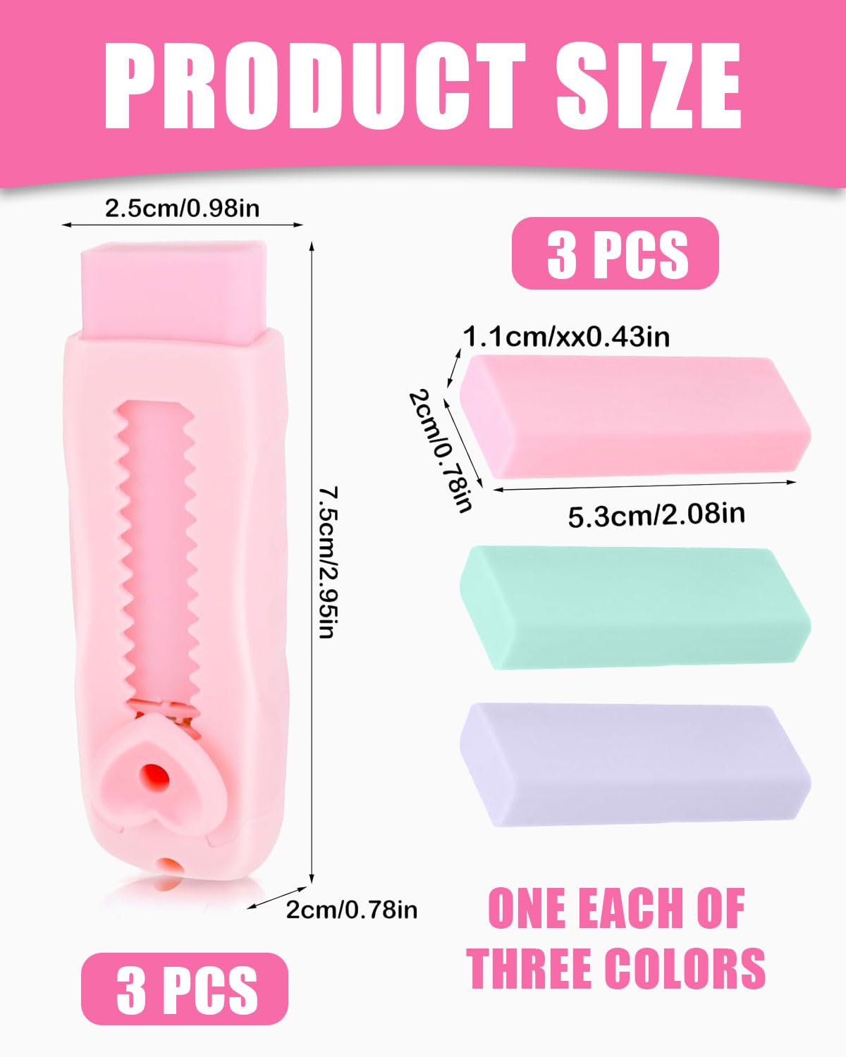 3 portaminas, portaminas con goma de borrar para niños + 4 gomas de repuesto Portaminas con goma de borrar, para escolares Material escolar (rosa)