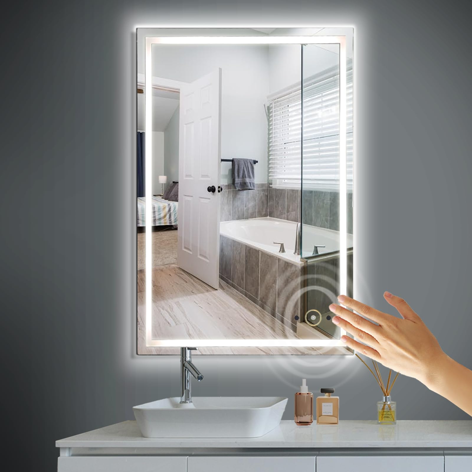 LED Bathroom Mirror with Lights Hand Wave Dimmable Anti-Fog Tempered Glass Shatter-Proof Smart Bathroom Vanity Mirror for Wall