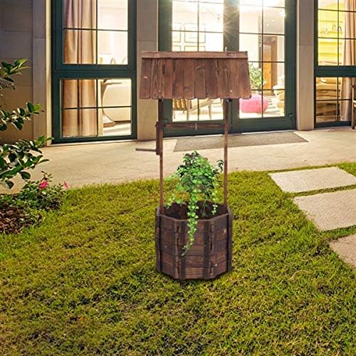 Outdoor Wooden Wishing Well with Hanging Bucket,Rustic Flower Planter Patio Garden Ornamental, Rustic Flower Plants Planter Patio Garden