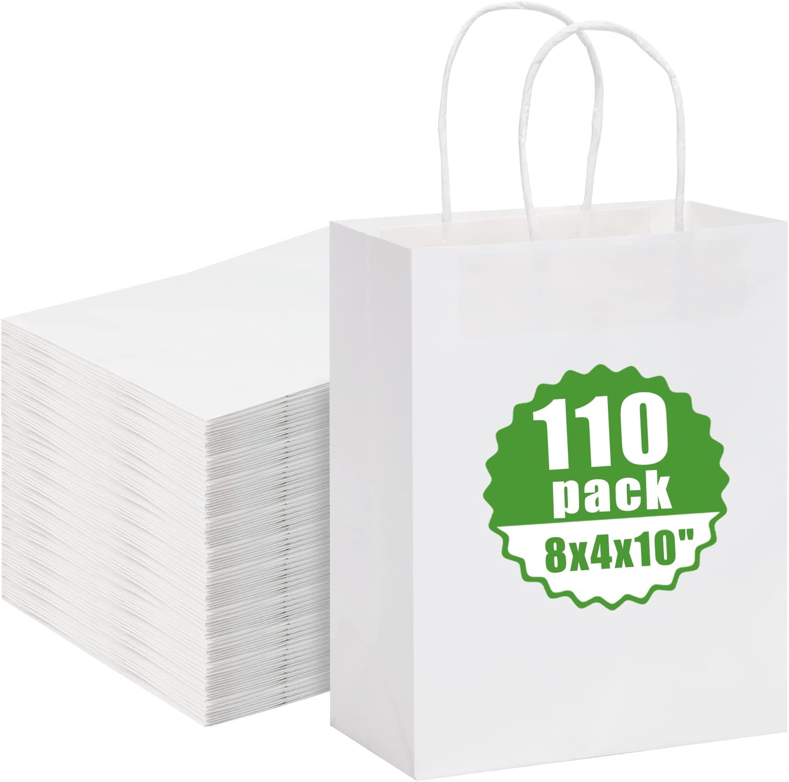 Moretoes 110pcs Paper Gift Bags White Kraft Paper Bags with Handles, 8x4x10 Inch Medium Sizes Gift Bags Bulk, Paper Bags for Small Business, Shopping Bags, Retail Bags, Party Bags, Favor Bags