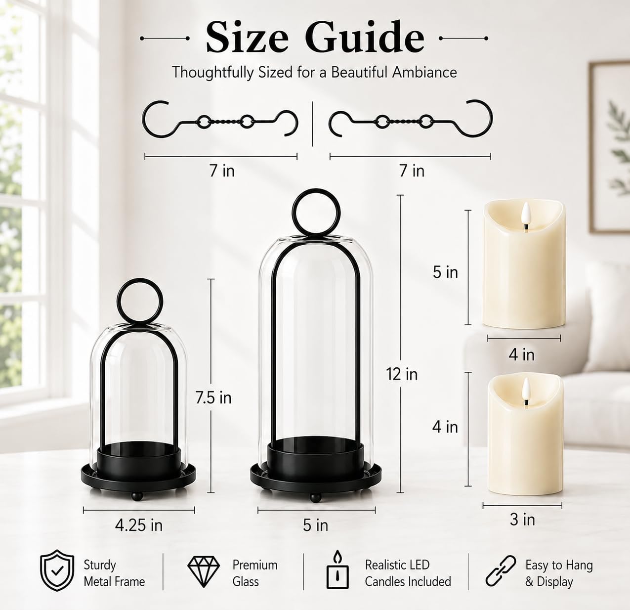 Hurricane Metal Candle Holder Set of 2, 12” & 7.5”, with Handcrafted Glass Dome for Pillar Candle, Plants & 2 Timer Candles for Indoor Outdoor Decor Decorative Table Centerpiece (Black, Set of 2)
