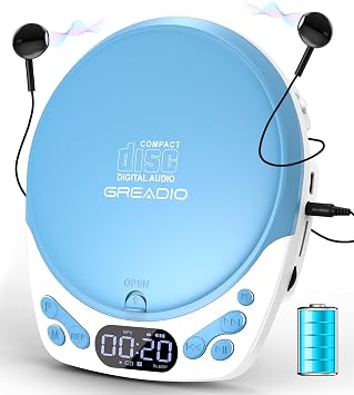 Greadio Portable CD Player with Headphones, Rechargeable CD Player for Home | Small CD Players with 60s Anti-Skip, Supports CD/MP3/WMA/TF Card/AUX, Lock / Programmable / Timer White Blue