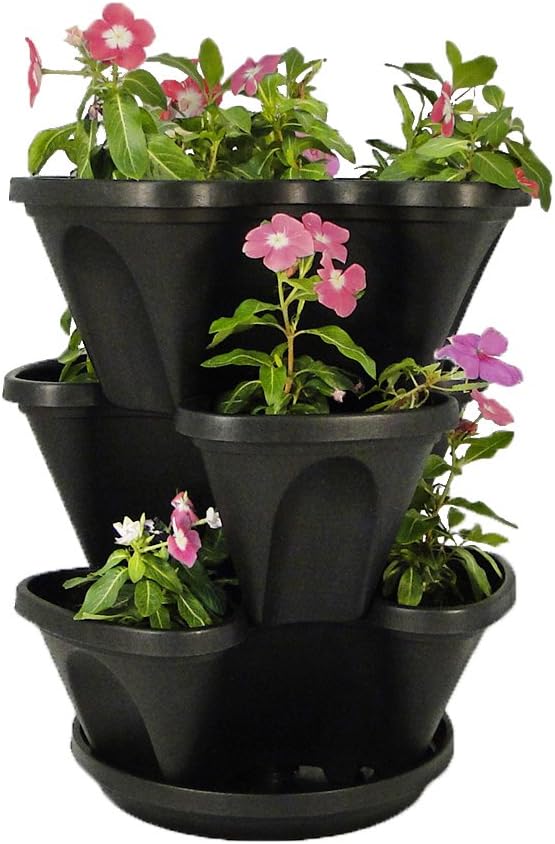 3 Tier Stacking Planter-Flower, Herb, Stackable Garden, Vegetable-Self-Watering-Indoor/Outdoor, Black