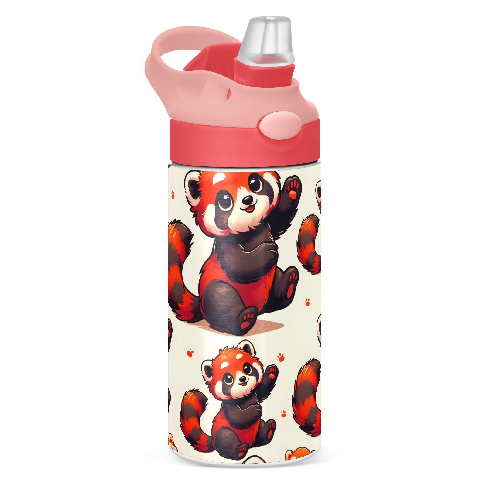 Red Panda Animal Kids Insulated Water Bottle, Toddlers Tumbler Travel Cup with Straw & Handle Stainless Steel Cup for Travel School Girls 12 oz