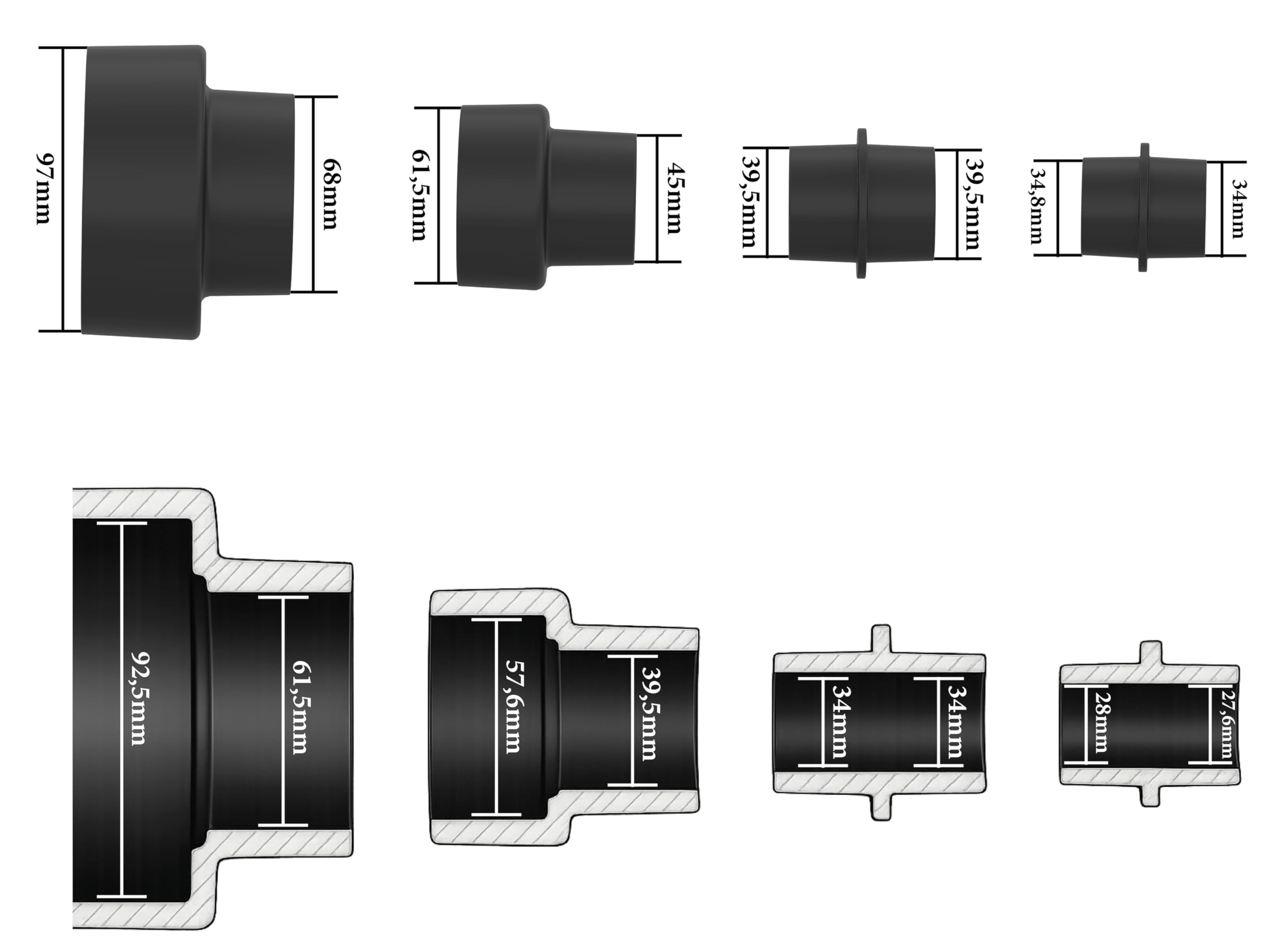 Güde 55171 zestaw adapterów do systemu odsysającego 100-28 4-częściowy (pasuje do urządzenia odsysającego Güde #55136 GAA 50, Güde #55137 urządzenie odsysające GAA 65 i Güde #55442 GAA 65.1) czarny