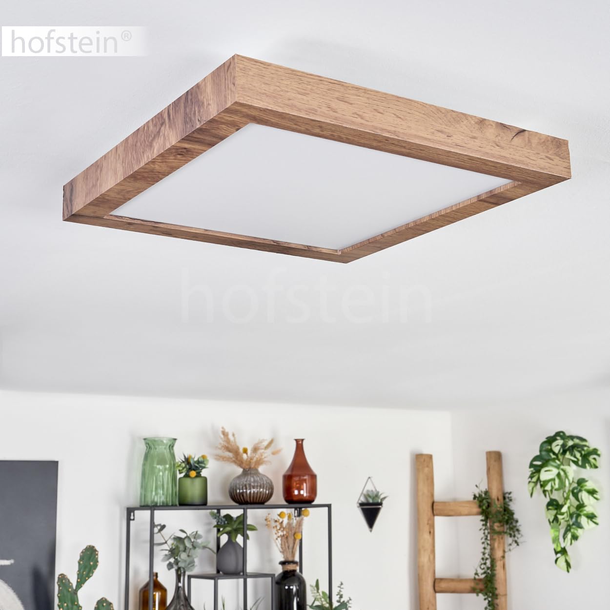 Plafón LED Bealeton, moderno plafón de metal/MDF/plástico en negro/madera/blanco, luminaria angular de diseño escandinavo (35 cm x 35 cm), 1800 lúmenes, 3000 Kelvin, LED 16 vatios