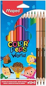 Lápis de cor, Maped, Color Pep´s, 832071ZV, 12 Cores + 3 Lápis Duo Cores da Pele, Multicolorido, 832071