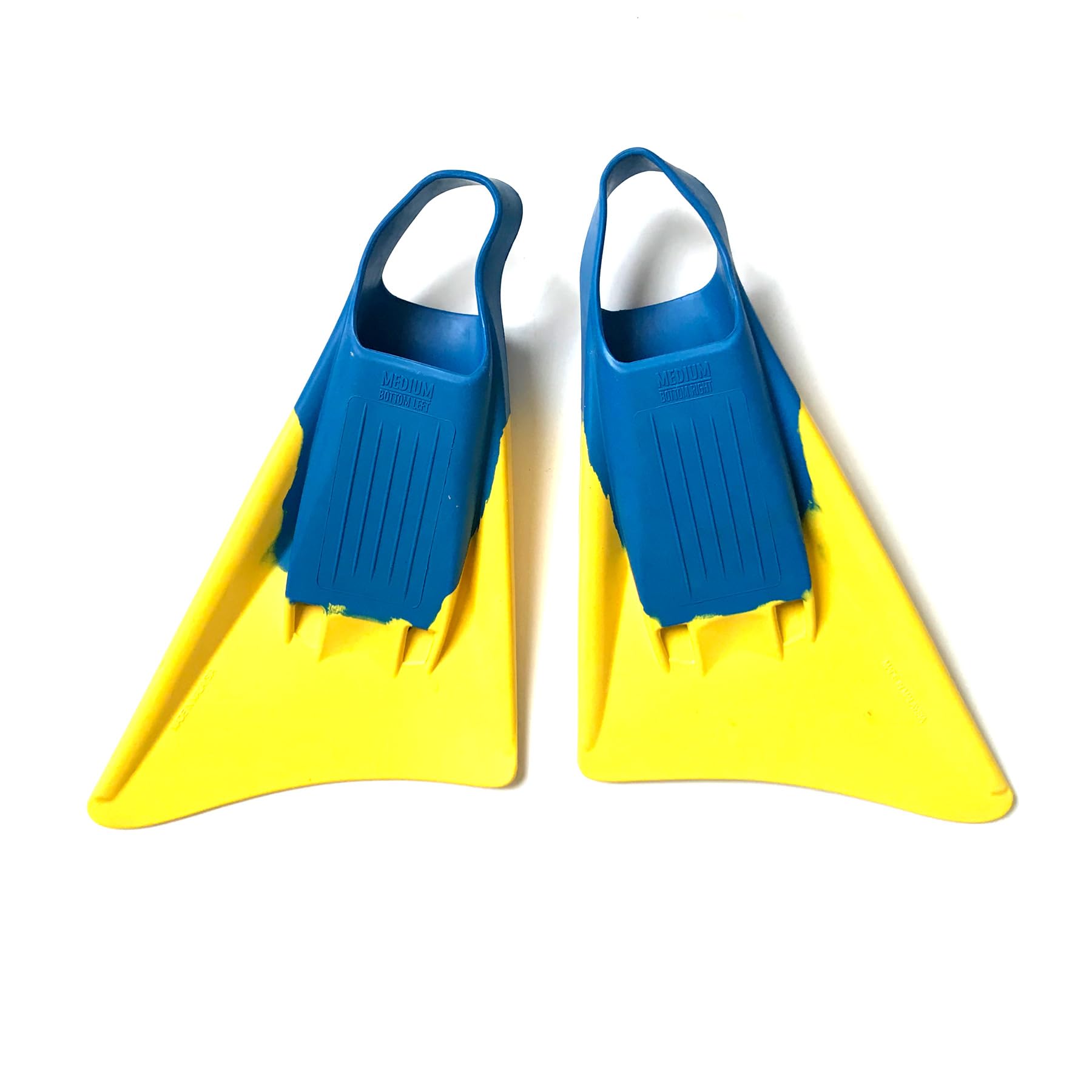 RIP Pro Asymmetric Dophin Tail Swim FINS - Floating! BodySurf, Bodyboard, Snorkle, Dive, - Intermediate to Advanced, Competition Level - Comfort w/Speed & Control (Blue/Yellow, Med Small)