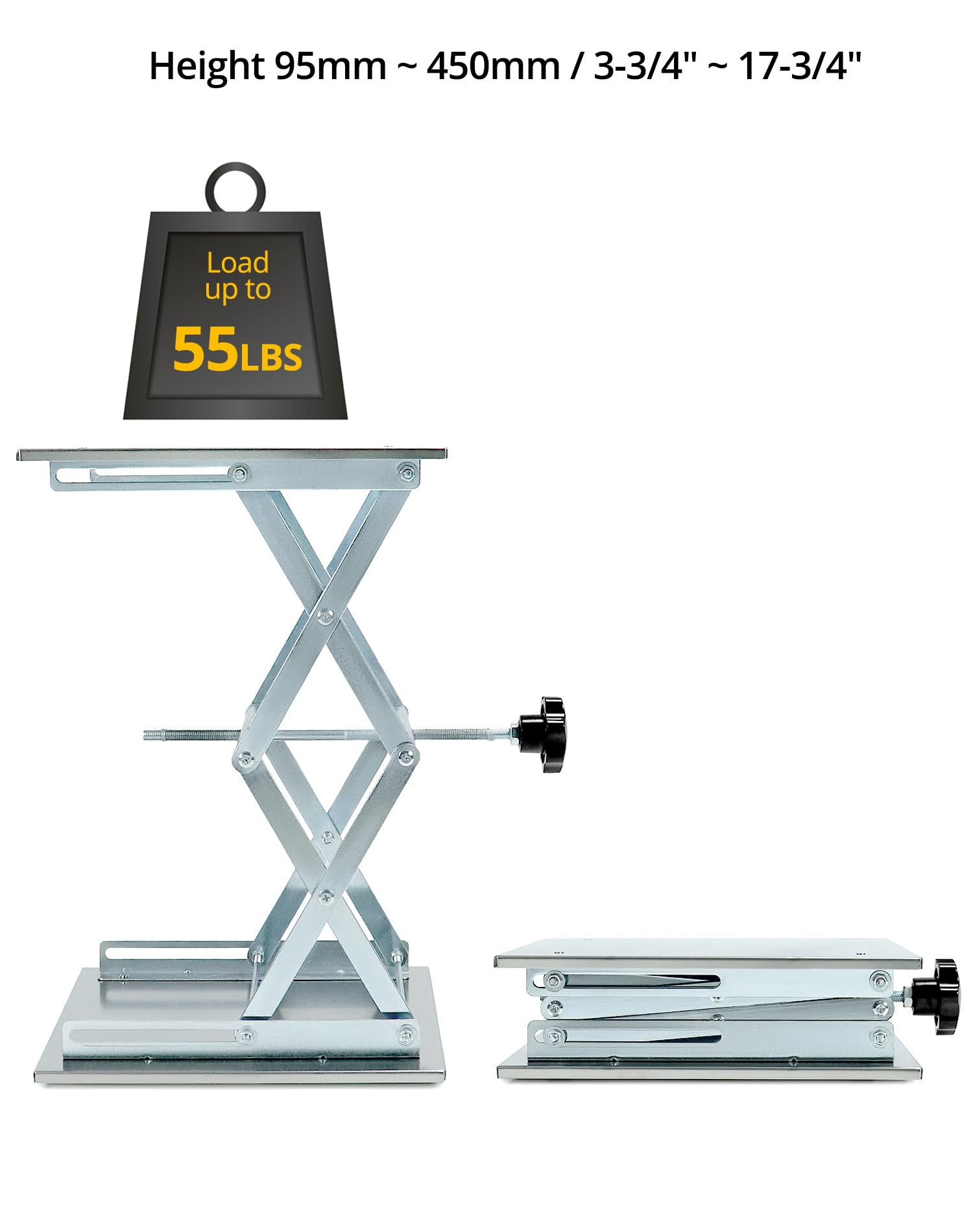 QWORK Gato de laboratorio de 12 x 12 pulgadas, soporte de tijera de acero inoxidable 304, plataforma de soporte de laboratorio de 18 pulgadas de altura, capacidad de carga de 55 libras