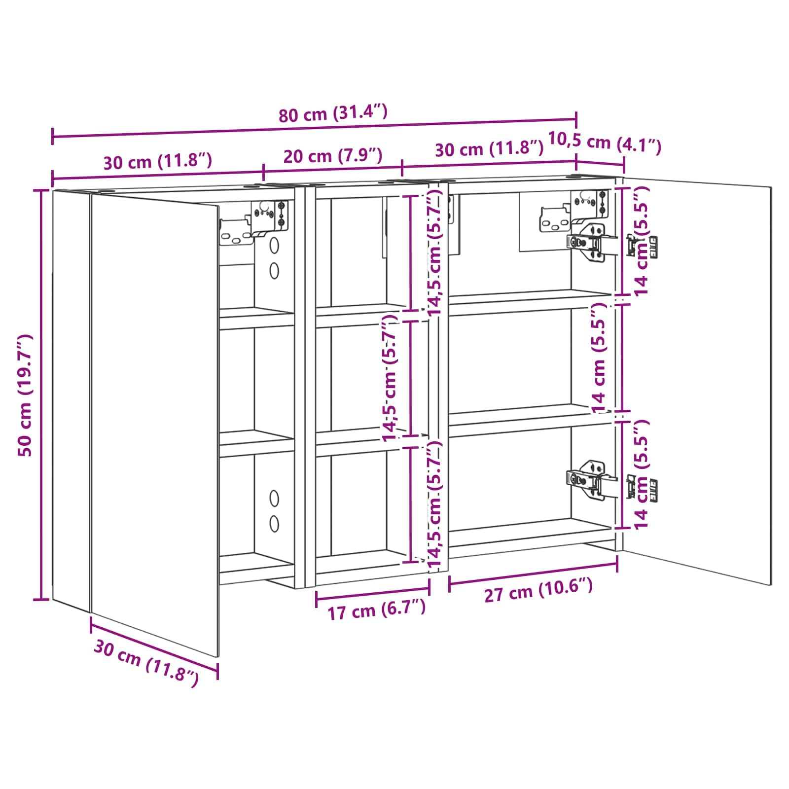 vidaXL Set di Armadi da Bagno con lo scaffale 3 pcs 80 x 10,5 x 50 cm, Mobile per bagno, specchio LED rettangolare, unità appesa, organizer moderno, salvaspazio