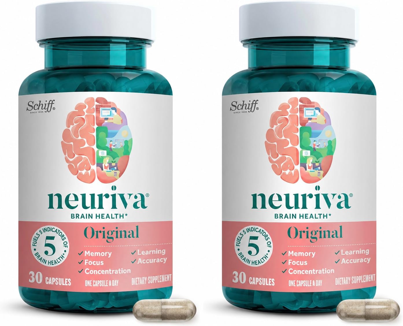 Original Brain Supplement for Memory, Focus & Concentration + Learning & Accuracy with Clinically Tested Nootropics Phosphatidylserine and Neurofactor, Caffeine Free, 30 Capsules (2 Pack)