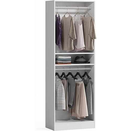VOWNER Freestanding Closet System with Shelves, Wood Closet Organizer System with Hanging Rods, Walk-in Closet Tower, Clothes Garment Rack, Wardrobe Closet for Bedroom Entryway (1, White)