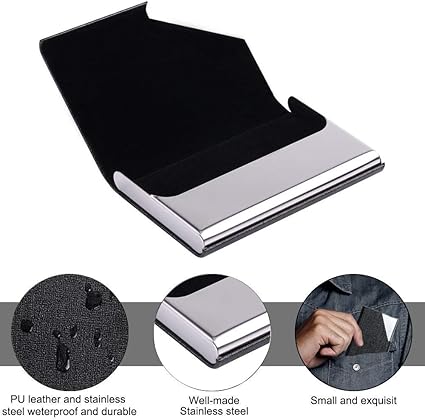 CKANDAY Porta Biglietti Da Visita 3 Pezzi - 2 In Pelle PU E 1 In Acciaio Inox, Chiusura Magnetica - Nero, Blu, Argento - Foto 9