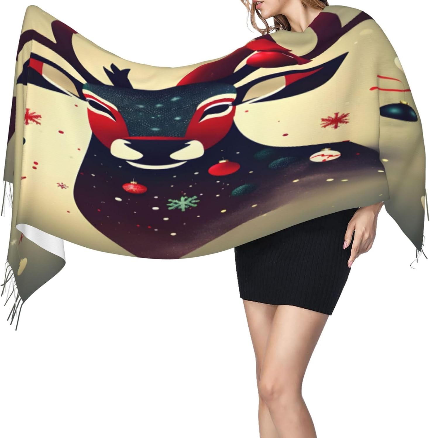 Christmas Deer Picture Print Polyester Fringed Scarf 77x27 Inch Cozy Stylish Shawl Scarfs With Fringe For Fall, Winter Spring
