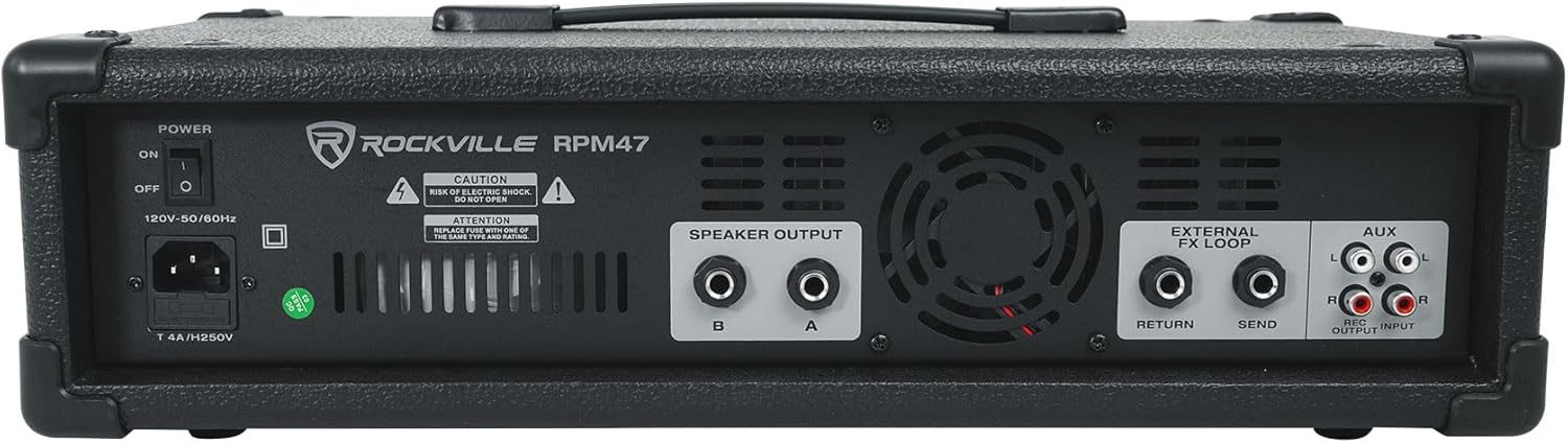Rockville RPM47 1800w Powered 5 Channel Mixer Amplifier, 8 Ohm, Bluetooth, USB Interface, Digital Effects, 7-Band EQ, for Live Bands and Church Audio - Black