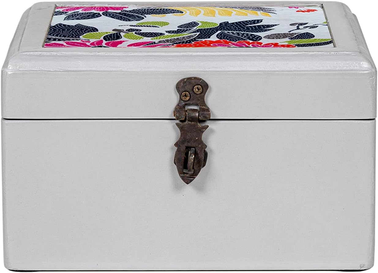 CONTRAST LIVING Kavler Wooden Decorative Jewellery Painted Box with Cotton Fabric on top (Outer Size- 22x22x13 Cm || Box Color-Grey,Fabric Colour -Multi)