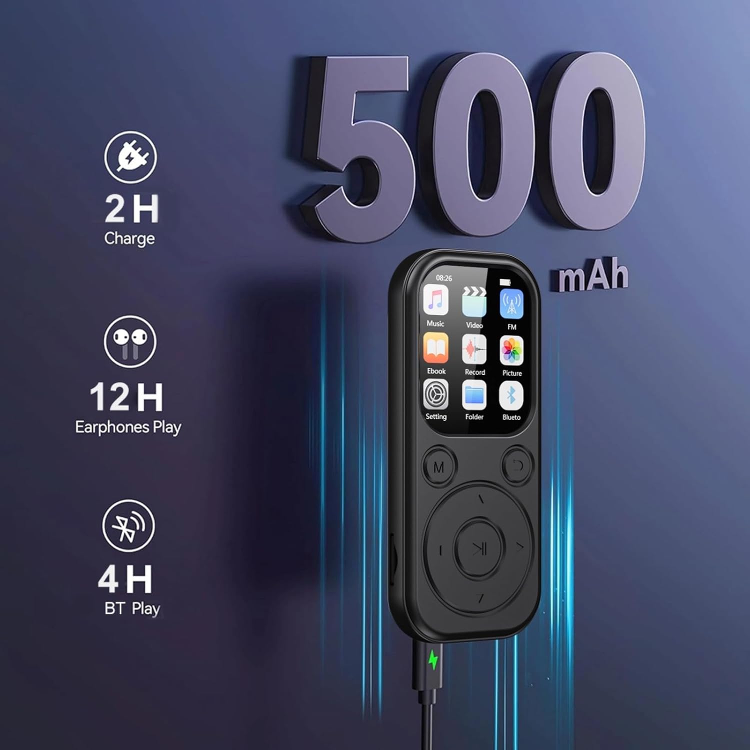 2025 New MP3 Player with Bluetooth, HiFi Sound Portable Music Player with 2.01 Inch Screen, 500mAh Battery, Up to 128GB, Pocket MP3 with Calendar, Clock, FM, E Books (with