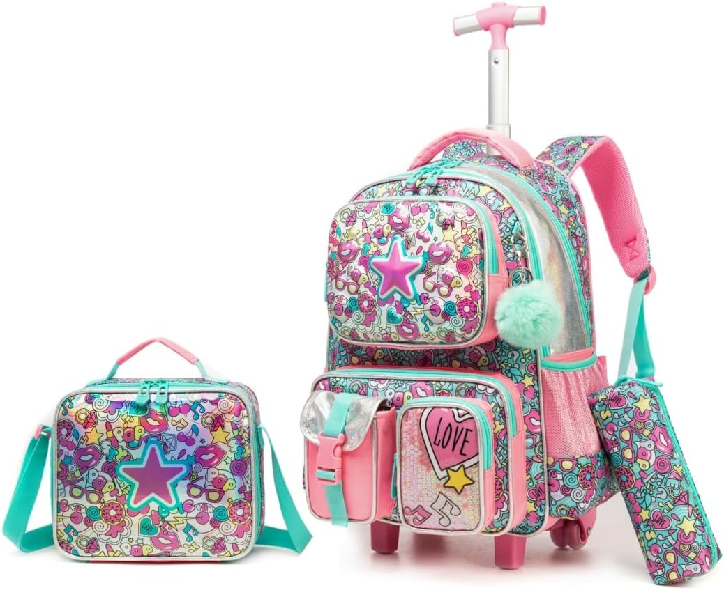 Kit Escolar Infantil com Mochila de Rodinha, Lancheira e Estojo, 3 Peças (Estrela)