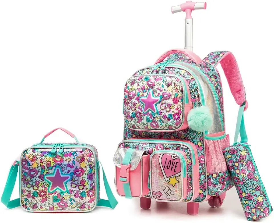 Kit Escolar Infantil com Mochila de Rodinha, Lancheira e Estojo, 3 Peças (Estrela)