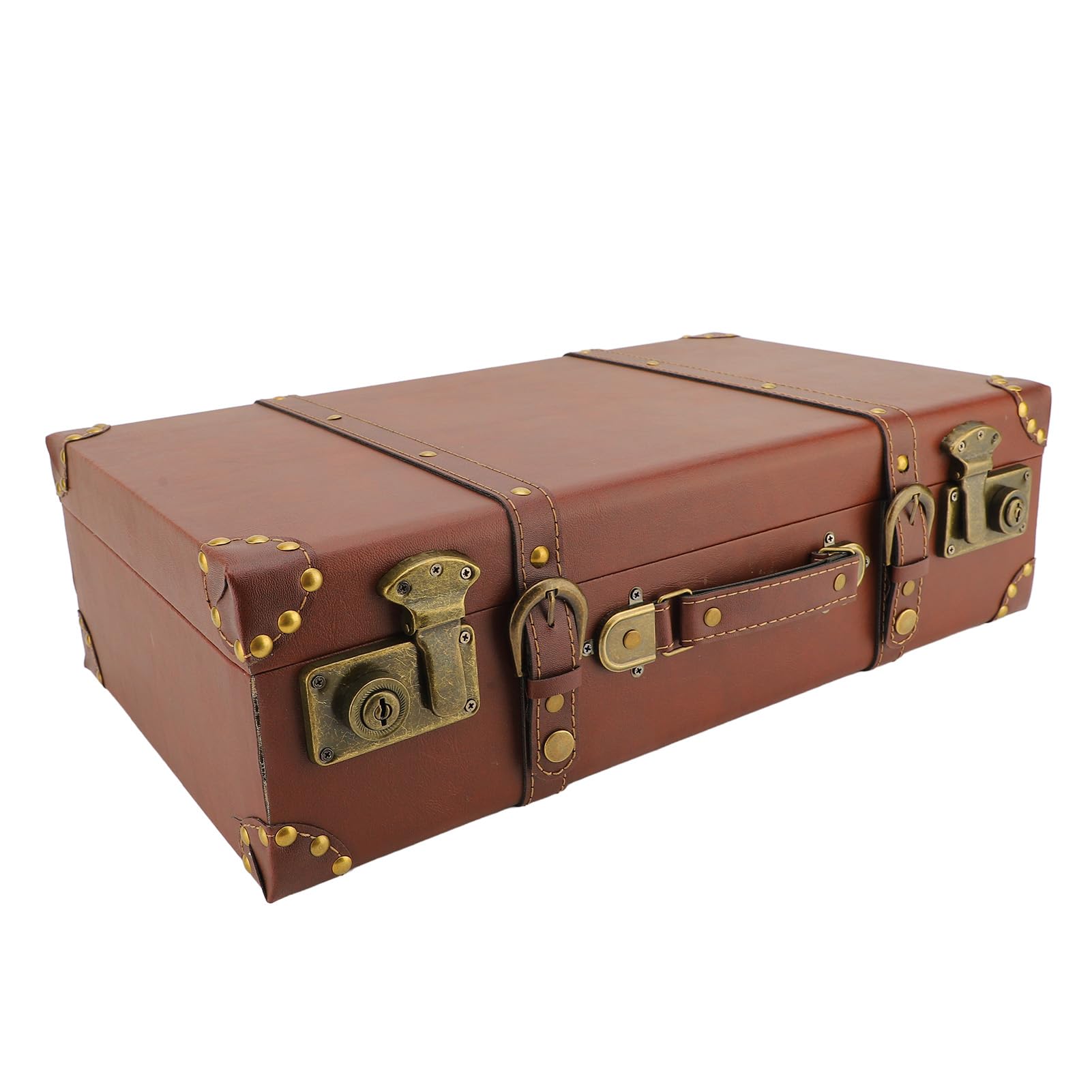 gernie Mini Leather Suitcase, Vintage Strong Carry on Overnight Case with Alloy Lock, Decorative Storage Box with Shoulder Strap for Travel, Trunk, Photography Props