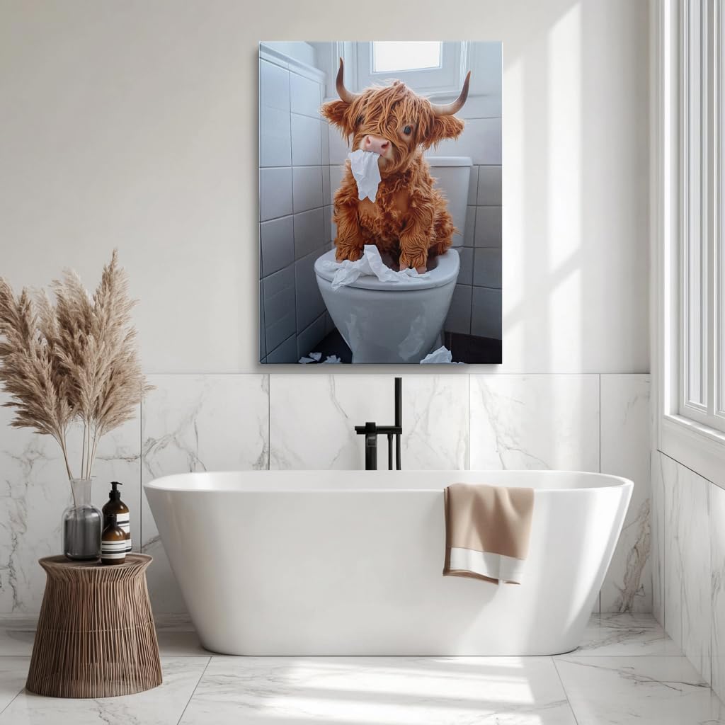 DUFIPOR Funny Cute Highland Cow Pictures Restroom Canvas Wall Art Framed image 2