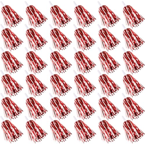 36 Pcs Red, White Cheerleading Pom Poms - School Spirit Shakers Metallic Foil Cheering Pompoms Cheer Pom with Baton Handle Plastic Squad for Adults Team Spirit Sports Party Cheering (36, Red, White)