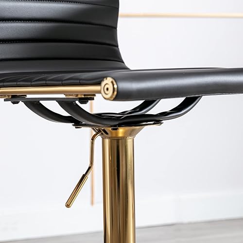 Miniatura 14 de Taburetes de bar ajustables de piel sintética, taburete de bar negro y dorado con respaldo, moderno taburete giratorio de altura de mostrador para