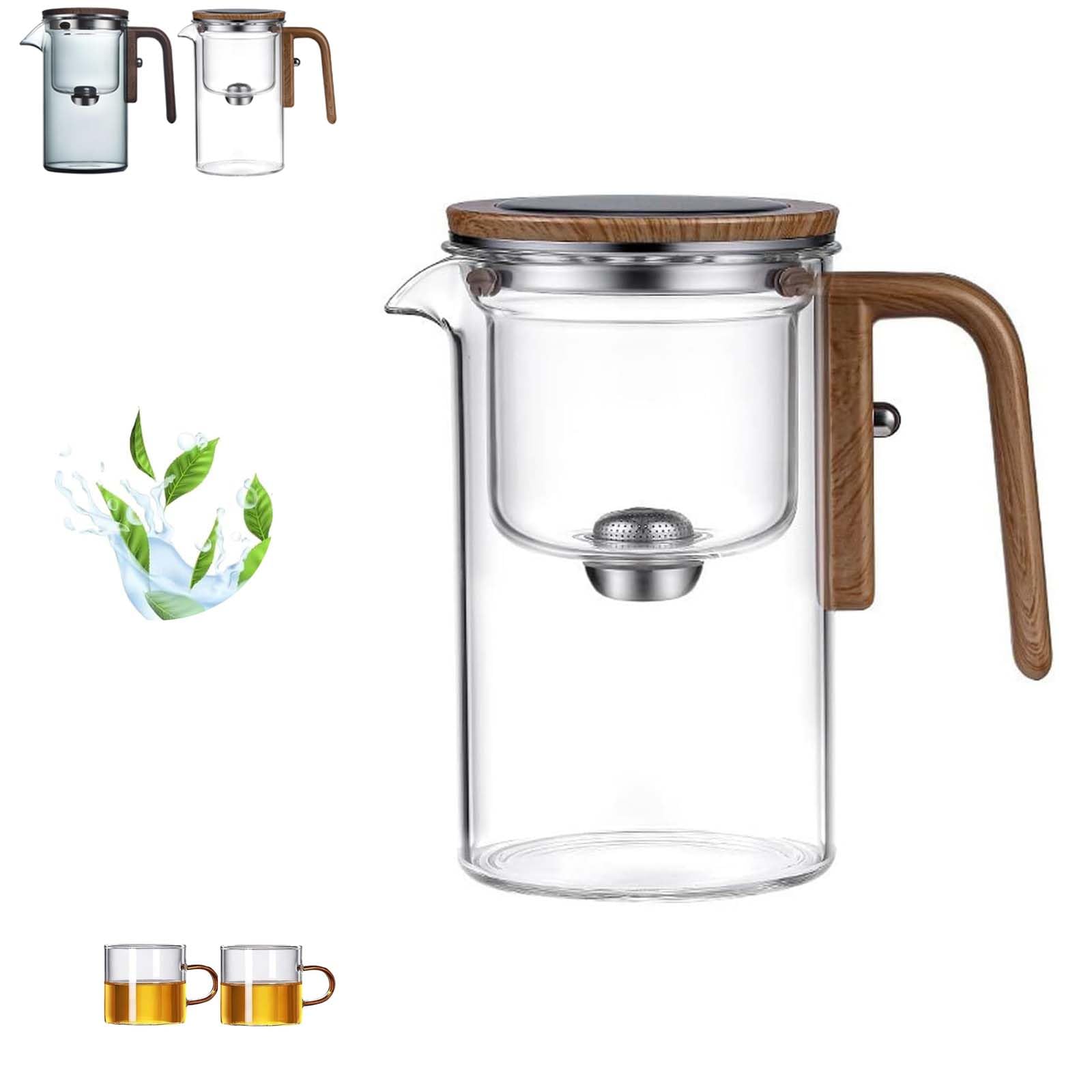 Witchcraft teapot,Enchanti Tea Pot,Magic Teapot with Infuser,Glass teapot with Strainer,Glass Teapot with Infuser,Water Separation Glass Teapot with Wooden Handle (Transparent,720ml+2*Cup)