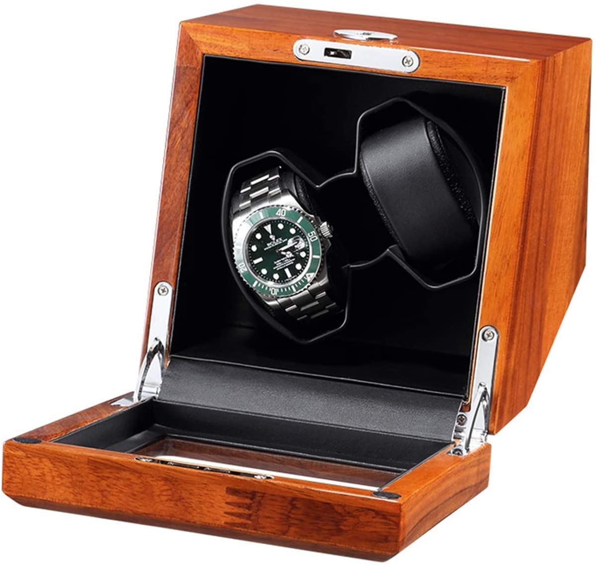Caricatore per 2 Orologi Automatici con Motore Silenzioso e Luminoso, Scatola Porta Orologi in Legno massello, Adattatore CA, Batteria, Alimentazione USB （Black）