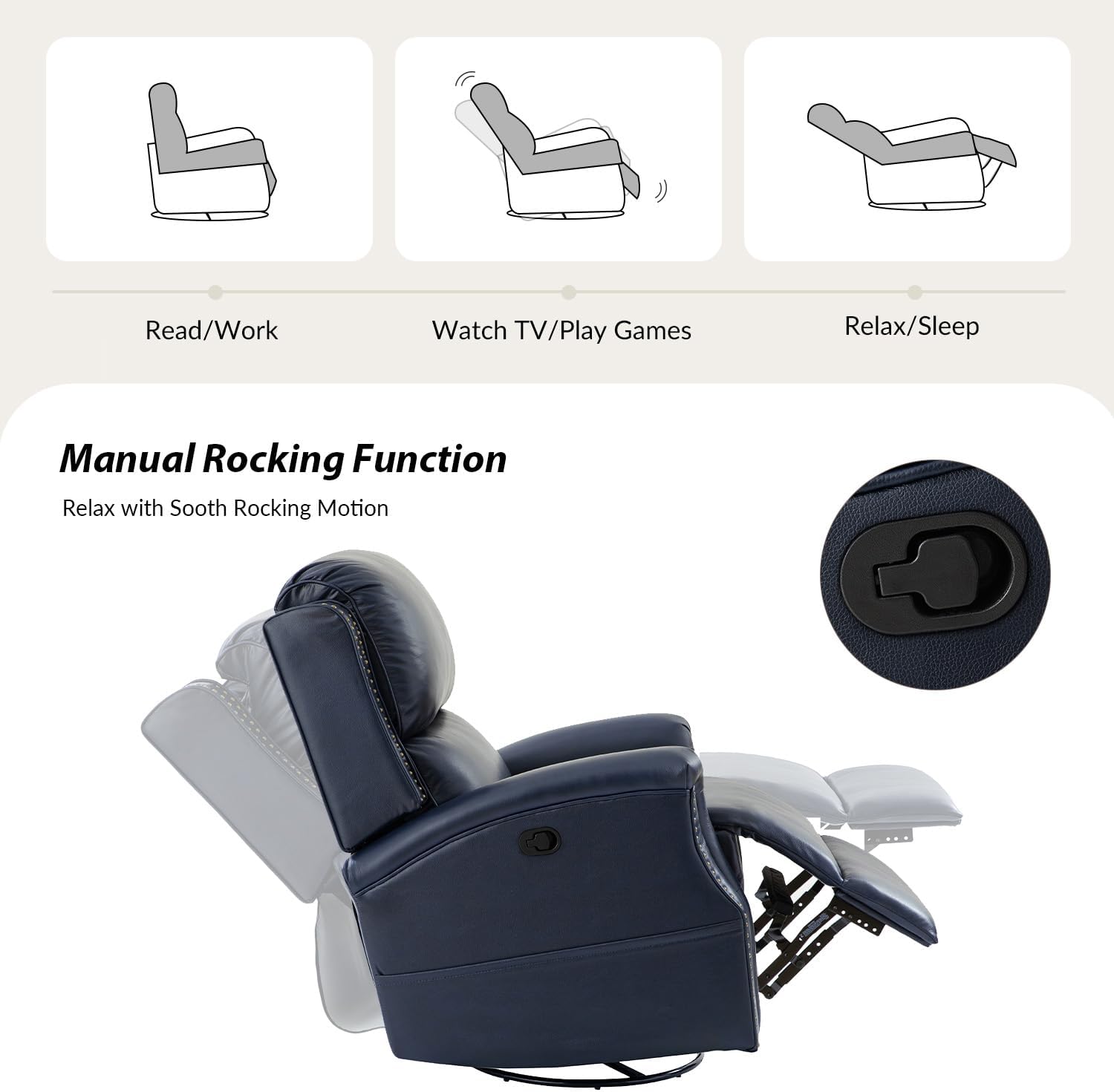 Genuine Leather Swivel Rocker Recliner with Nailhead Trim, Push-Back Armchair for Living Room, Navy