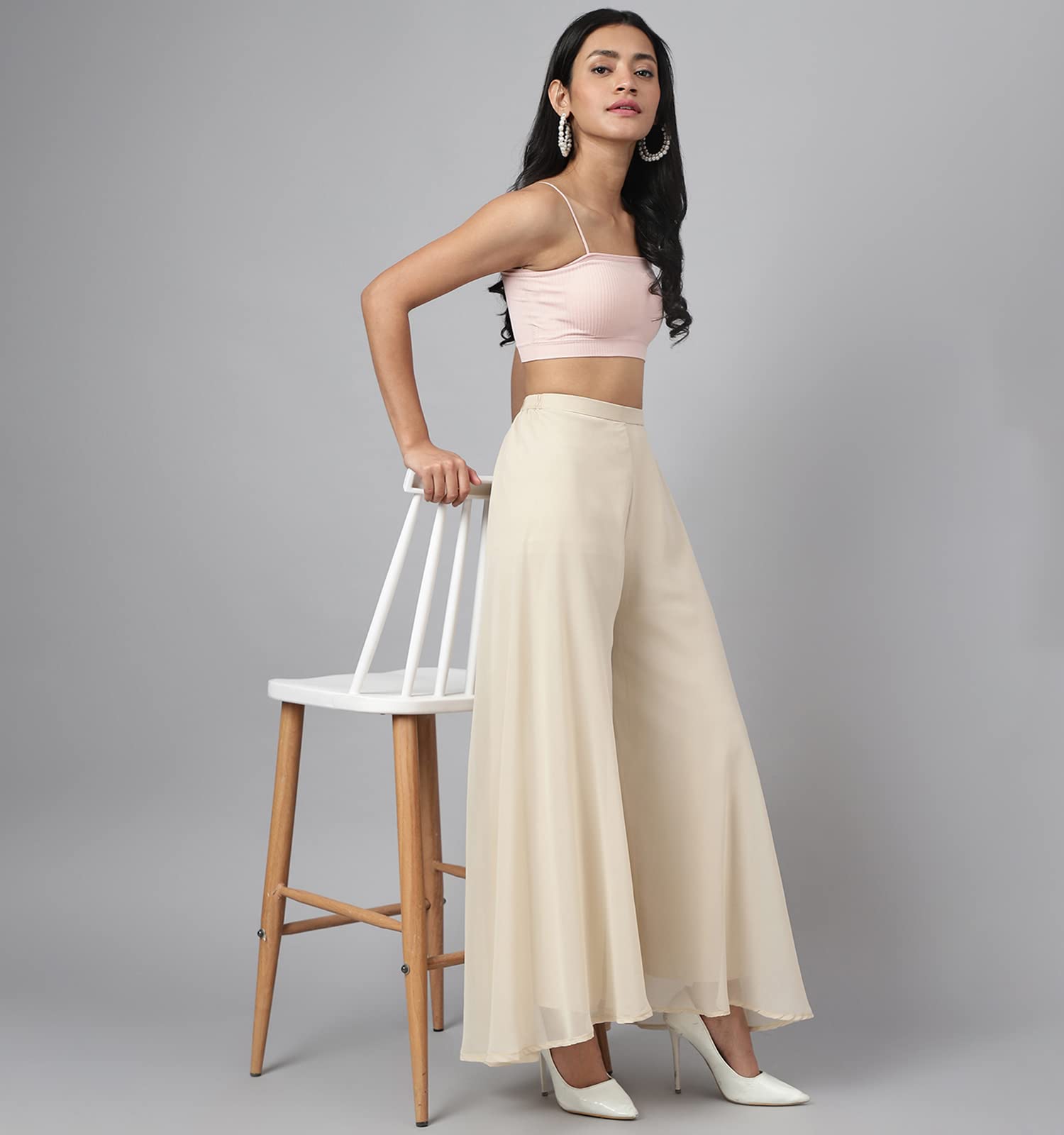 RATAN Women's Georgette Flared Freesize High Rise Sharara Palazzo Pant With Lining (Beige) -Free Size 2