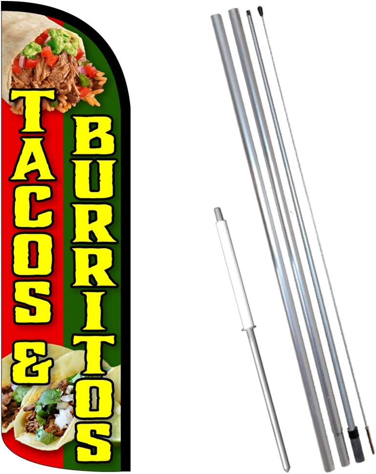 Tacos & Burritos Premium Windless Feather Flag Bundle (11.5' Tall Flag, 15' Tall Flagpole, Ground Mount Stake),Z0PS0GSV69