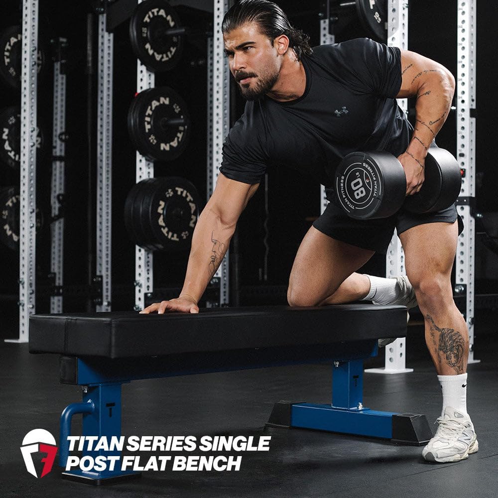 Titan Fitness TITAN Series Single Post Flat Bench, Rated 1,200 LB, 4" Thick HeftyGrip Vinyl Pad, Dedicated Home Gym Competition Weightlifting & Strength Training Utility Bench