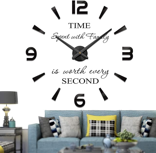 VANGOLD Modern Mute DIY Frameless Large Wall Clock 3D Mirror Sticker Metal Big Watches Home Office Decorations (Black)