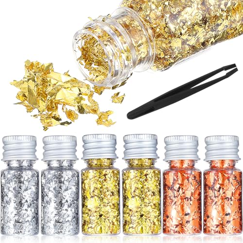 6 hojas doradas decorativas, copos dorados multifunción, decoración de pasteles, decoración de papel de aluminio dorado, copos comestibles, adornos dorados para cocinar postres, manualidades