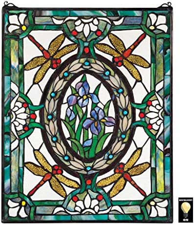 Design Toscano Dragonfly Floral Stained Glass Window Hanging Panel, 25 Inch, Purple Iris