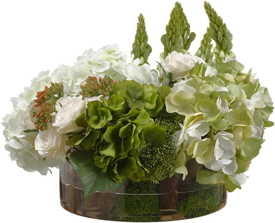 14" Hx19 W Silk Hydrangea, Rose & Lupinus Flower Arrangement w/Glass Vase -Green/White