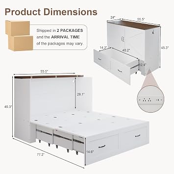 KCGKCG Full Size Murphy Bed with Storage & Charging Station, Murphy Cabinet Bed with Drawer for Guest Bedroom, Living Room, Office or Small Room, Full Foldable Platform Bed (White, Full)