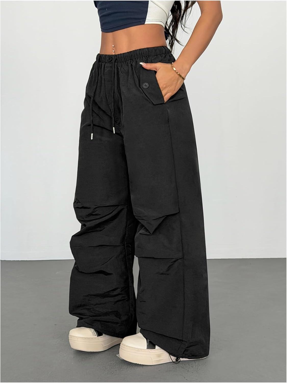OYOANGLE Women's Parachute Cargo Pants Y2K Drawstring Waist Ruched Straight Leg Trousers Joggers - Image 6
