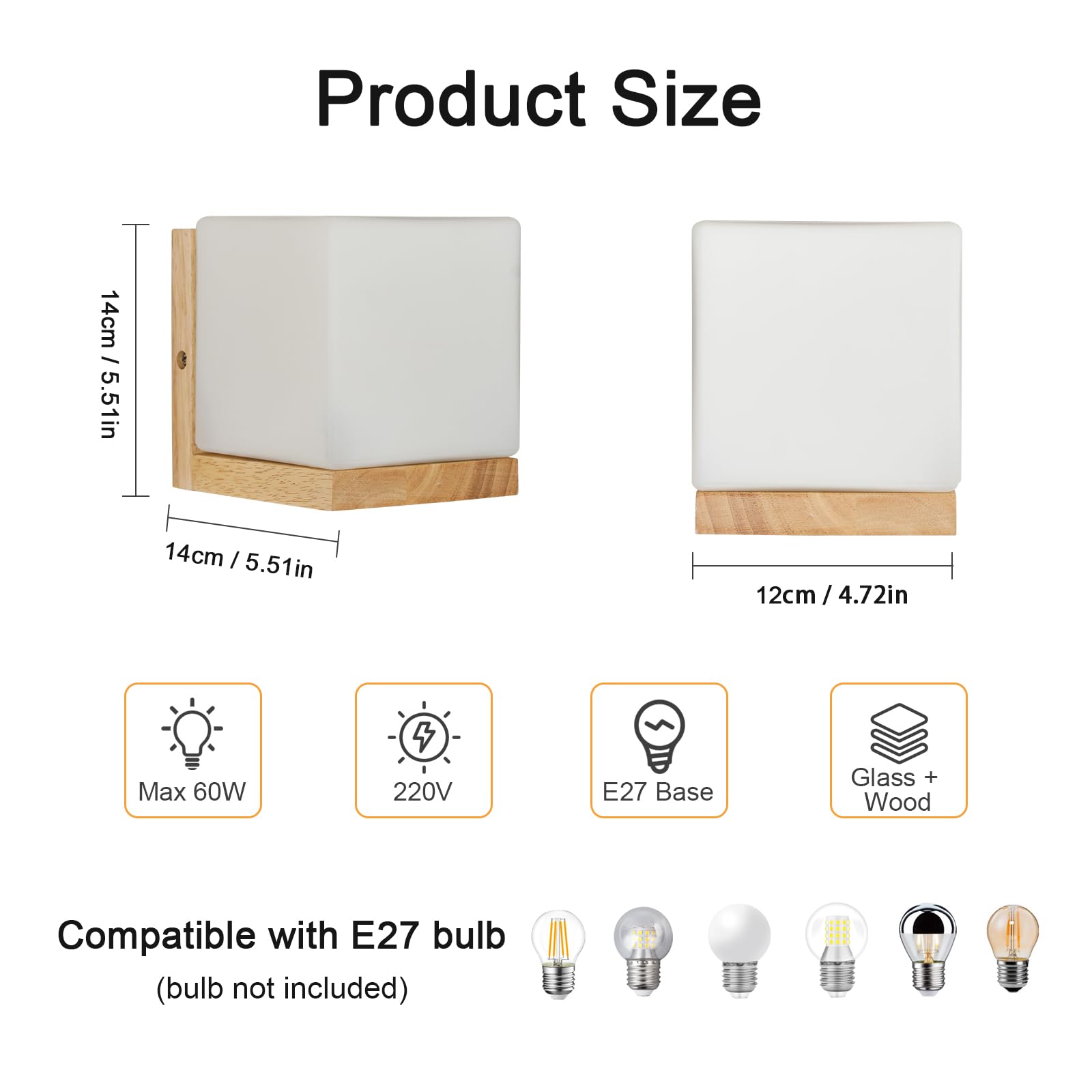 Comely Wall Light Sconce, E27 LED Wooden Wall Lamp,Square Glass Wall Lighting Fixtures for Living Room Bedroom Corridor Stairs Hallway - Image 2
