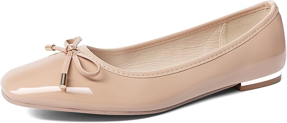 MUSSHOE Women's Ballet Flats Shoes Dressy Comfortable Square Toe Patent Flat with Bow